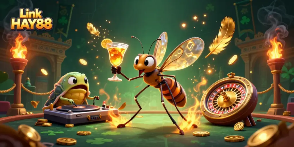 Experience the excitement of Link HAY88 with a vibrant casino scene featuring unique characters.