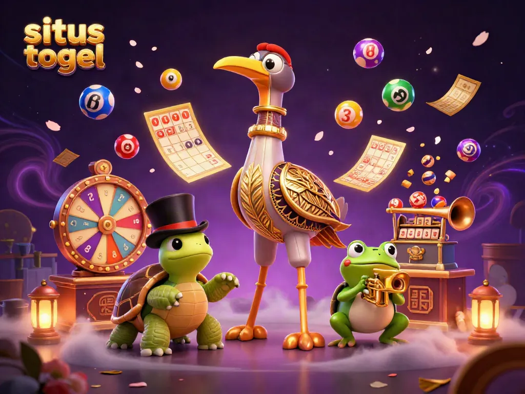 Engage in situs togel excitement with colorful lottery balls and lively characters in a dynamic scene.