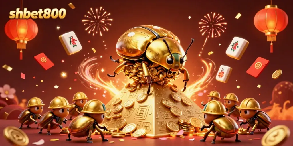 Experience the vibrant excitement of shbet800 with a dynamic scene of a golden dung beetle and casino elements.
