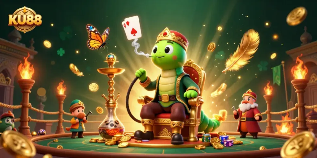 Experience the excitement of KU88, where golden coins and poker hands unite in a thrilling casino scene!