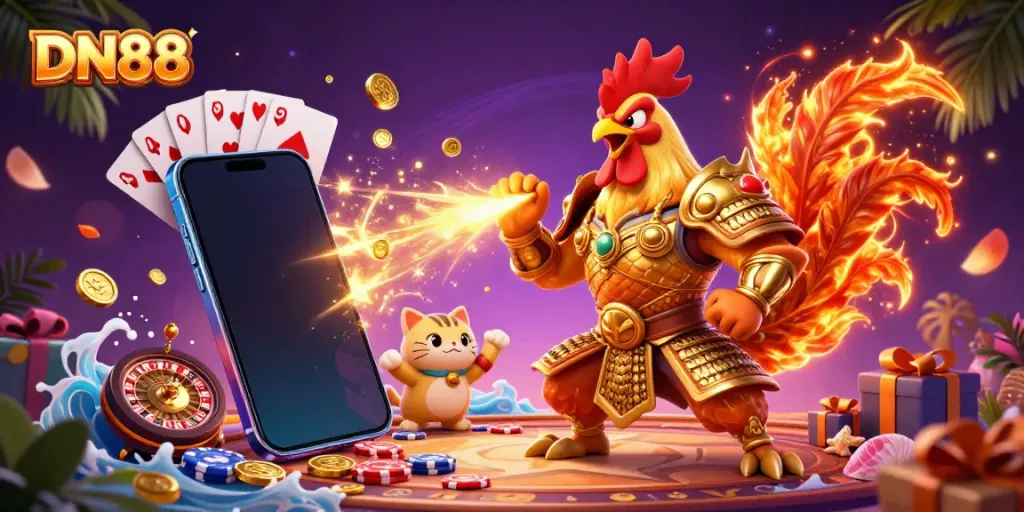 Engage with exciting slot games at DN88 featuring ornate cartoon warriors and dynamic casino elements.
