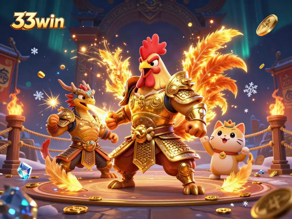 Engage in thrilling battles with 33win, featuring vibrant characters set in a dynamic casino arena.