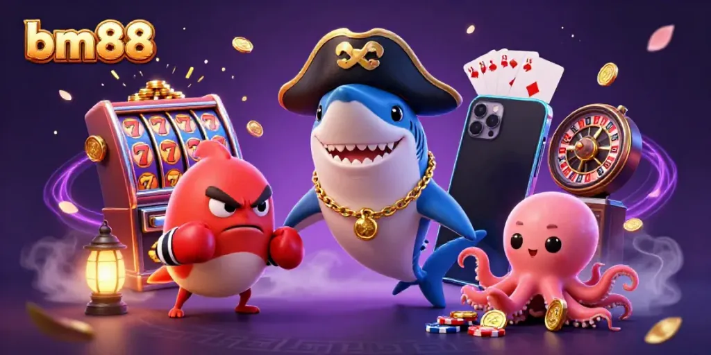Win big at bm88 with an exciting 3D casino scene featuring vibrant characters and games.