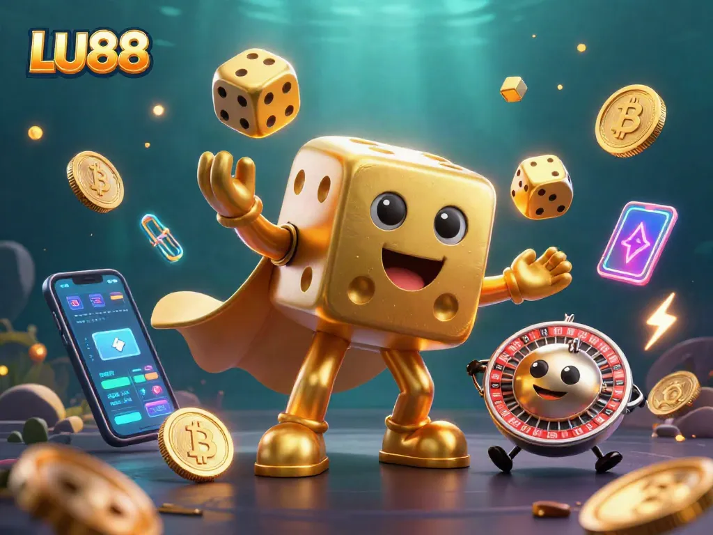 Experience the excitement of LU88 with a dynamic illustration of a golden dice golem and crypto elements.