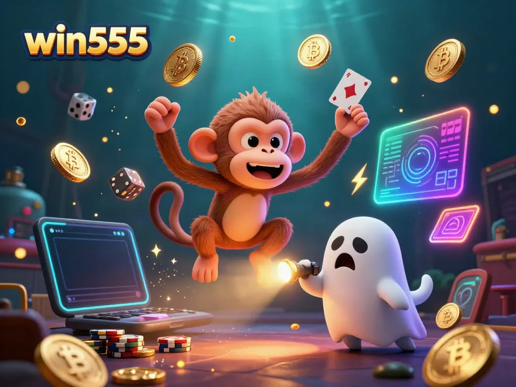 Experience win555's vibrant 3D casino scene with a ghost-hunter puppy tracking a playful poltergeist monkey.