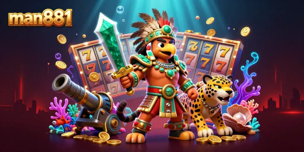 Experience thrilling slots and jackpots with man881 in this vibrant 3D illustration featuring an Aztec warrior.