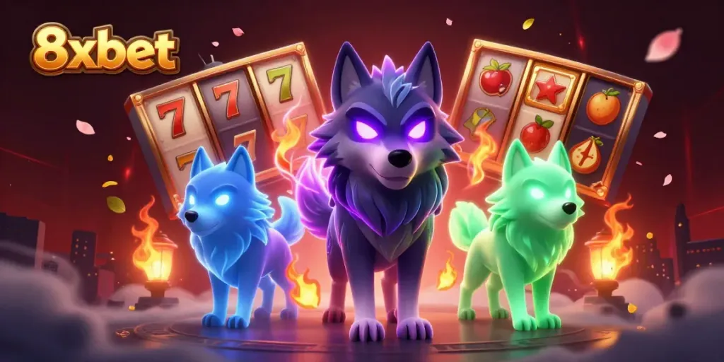 Experience winning at 8xbet with a vibrant 3D casino scene showcasing slot machines, wolves, and festive decorations.