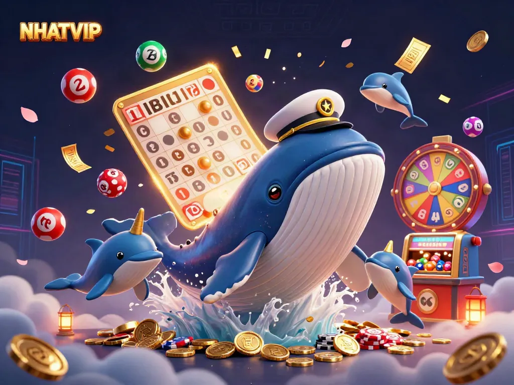 Playful scene featuring NHATVIP's 3D whale, narwhal, and dolphins amid vibrant casino elements.
