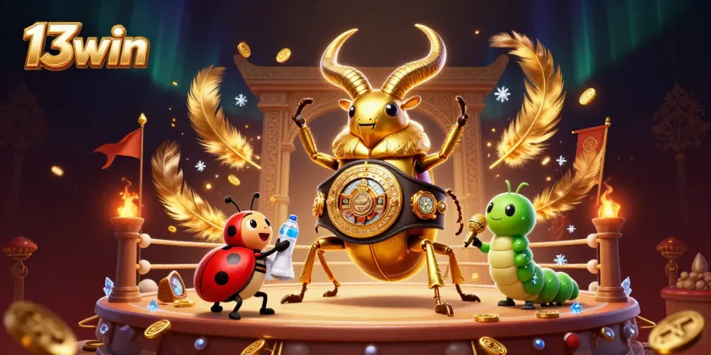 Engage in thrilling battles with 13win featuring a giant beetle champion and colorful, dynamic gaming elements.