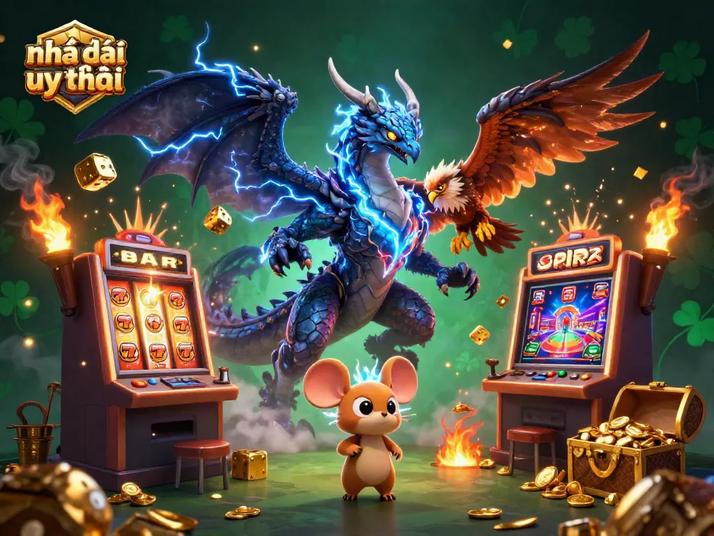 Engage with "Nhà cái uy tín" in vibrant 3D illustration showcasing a thrilling slot machine scene and dynamic characters.