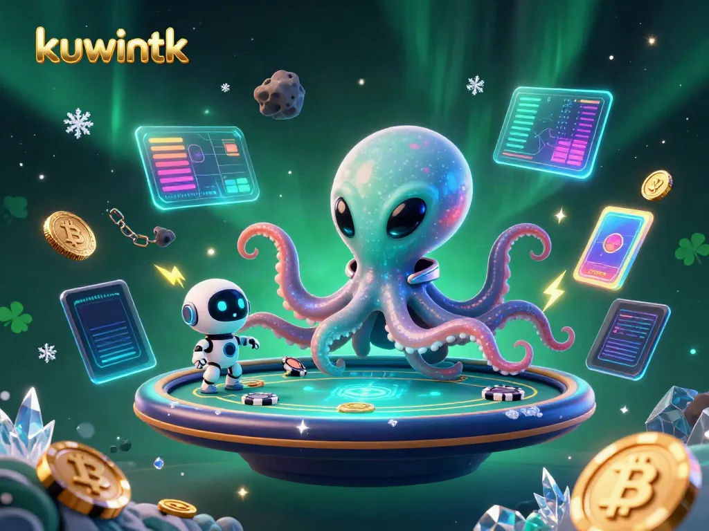 Engaging poker scene at kuwintk, featuring an alien octopus and robot with holographic elements.
