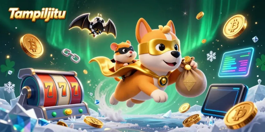 Tampiljitu's superhero dog leads a dynamic casino scene with vibrant slot reels and gold coins, showcasing thrilling online gaming.