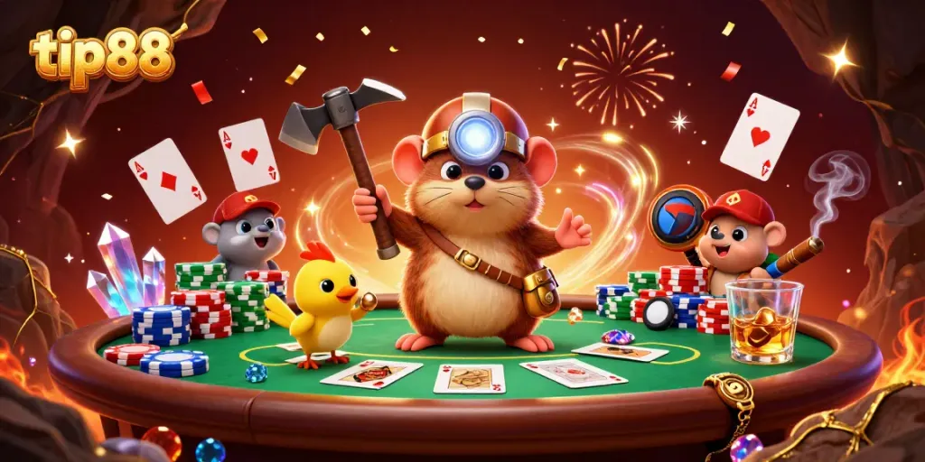 Engage in thrilling poker gameplay with tip88's colorful casino treasure scene.