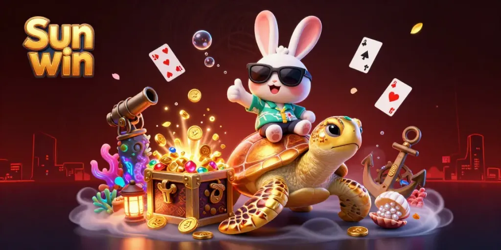Engage in Sun win gaming excitement with a lucky rabbit and golden turtle illustration in a vibrant underwater scene.