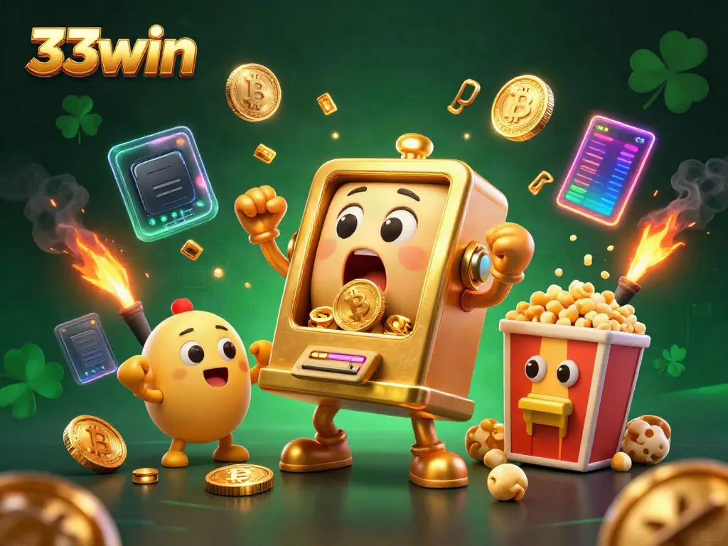 33win slot machine celebrating its jackpot win while gold coins overflow, emphasizing excitement.
