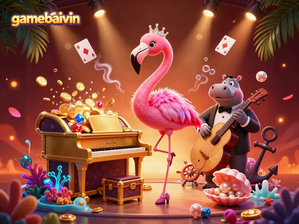 Engage in thrilling gameplay at gamebaivin with vibrant characters and glittering treasures in an exciting casino scene.