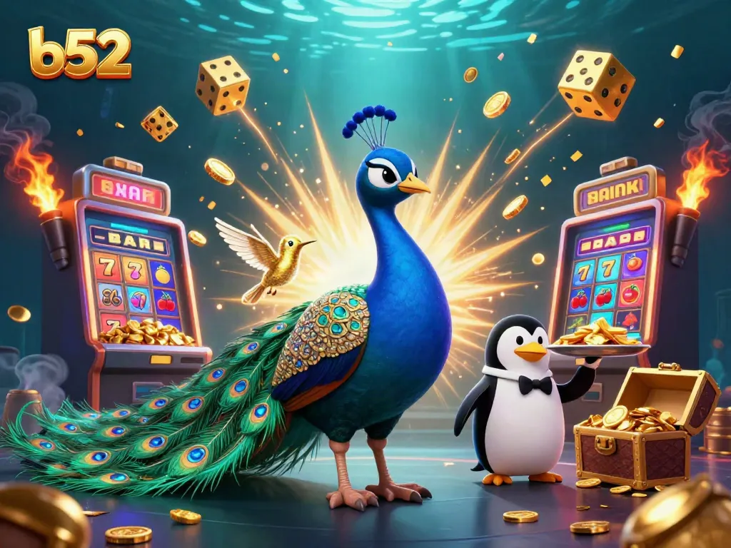 Engage with b52's casino magic featuring a peacock, butler penguin, and hummingbird amidst a vibrant slot machine scene.