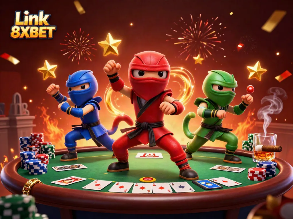 Experience the thrill with Link 8XBET as chameleon ninjas showcase their poker skills in an energetic scene.