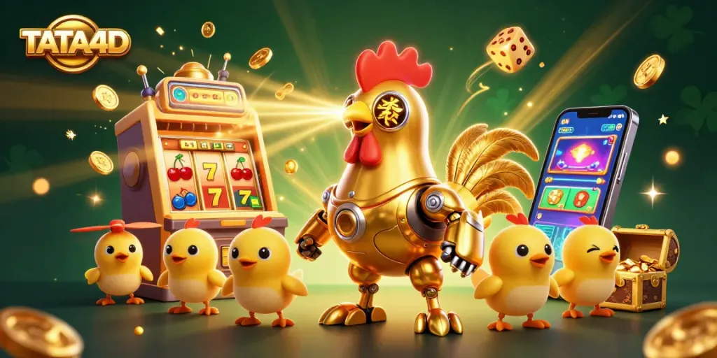 TATA4D showcases a vibrant scene of a golden rooster robot amidst dynamic casino elements and jackpots.