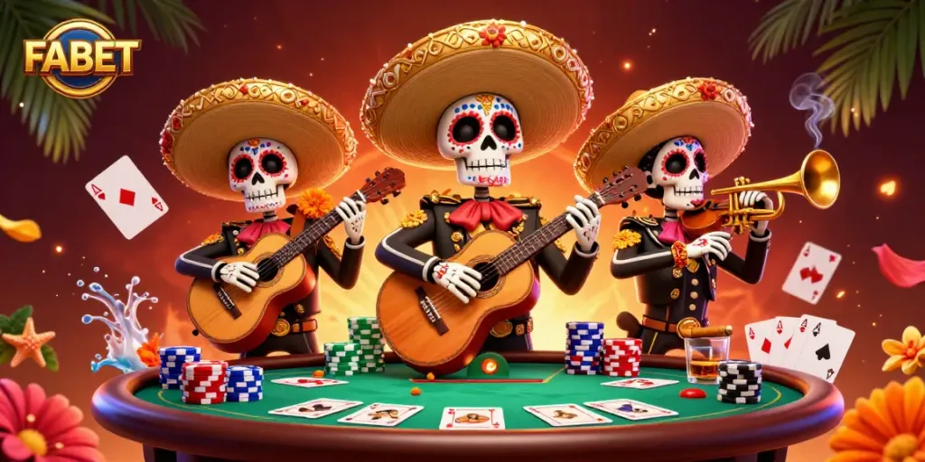 Bet on FABET with vibrant mariachi skeletons and poker elements in a lively casino scene.
