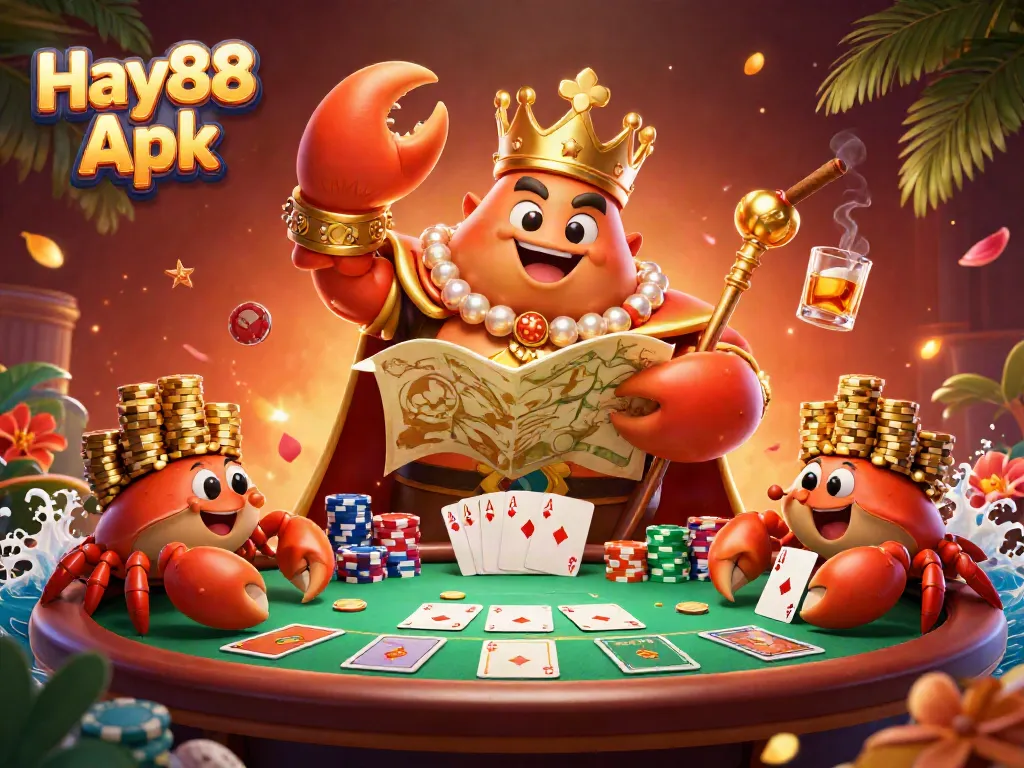 Engage with the vibrant world of Hay88 Apk featuring a golden crab emperor in a dynamic casino scene.