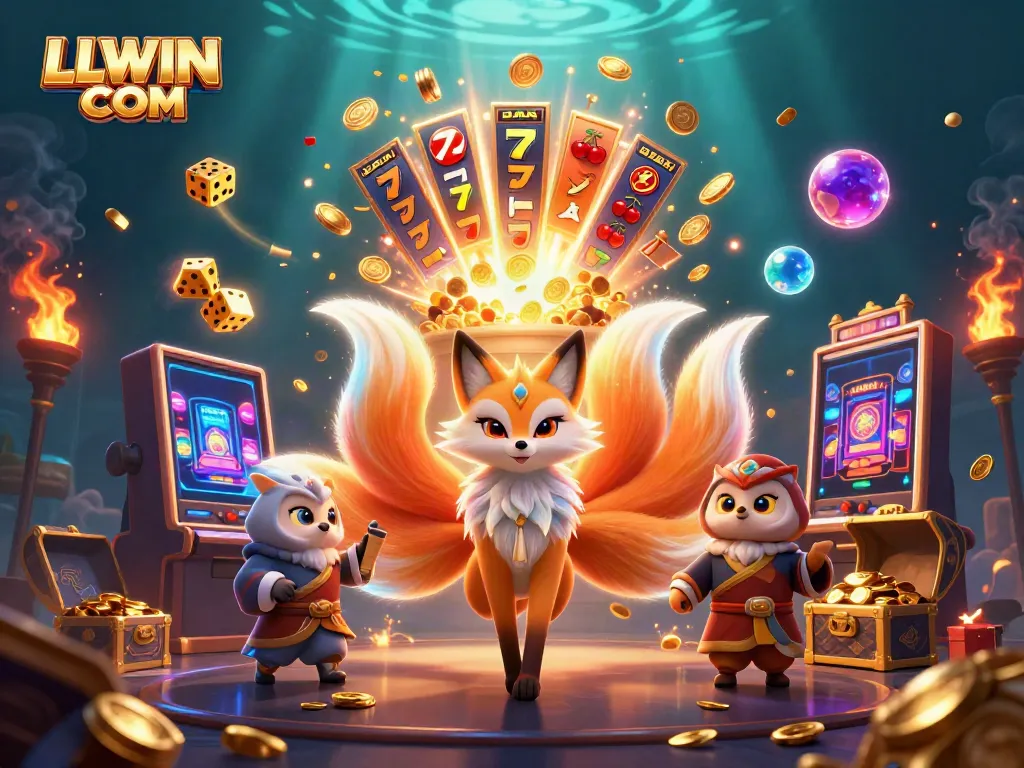 Experience vibrant gaming excitement with LLWIN COM, showcasing a lively 3D casino scene of colorful characters and jackpots.