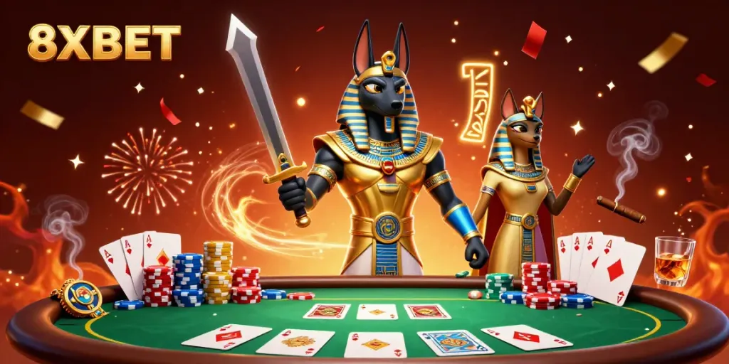 Experience the exciting world of 8XBET with Anubis and Bastet at an action-packed poker table.