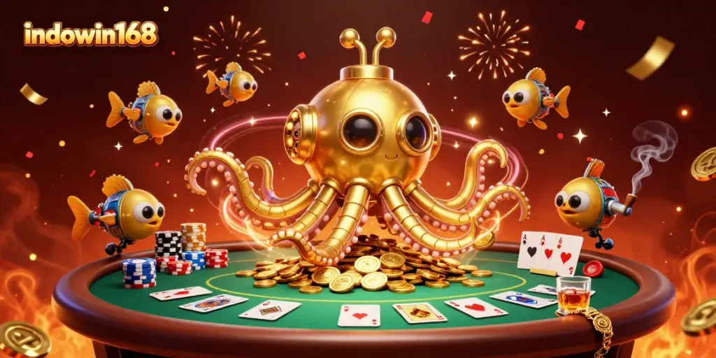 Experience the thrilling gameplay of indowin168 with a dynamic, colorful casino scene.