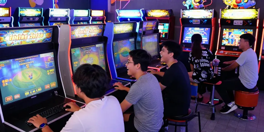 Suasana arcade gaming digital di Indonesia, pemain menikmati pangkutoto dengan ceria.
