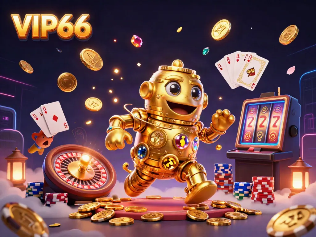 Experience thrilling VIP66 casino action with golden golem and casino elements in 3D.