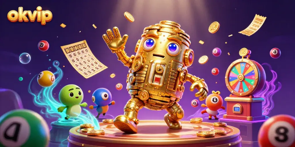 Experience thrilling gameplay with okvip's vibrant casino elements in a dynamic 3D scene.