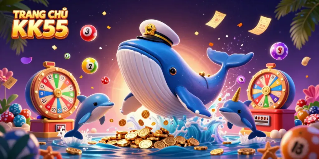 Engage with TRANG CHỦ KK55, where a whale in a captain's coat breeches through coins along with a narwhal and dolphins!