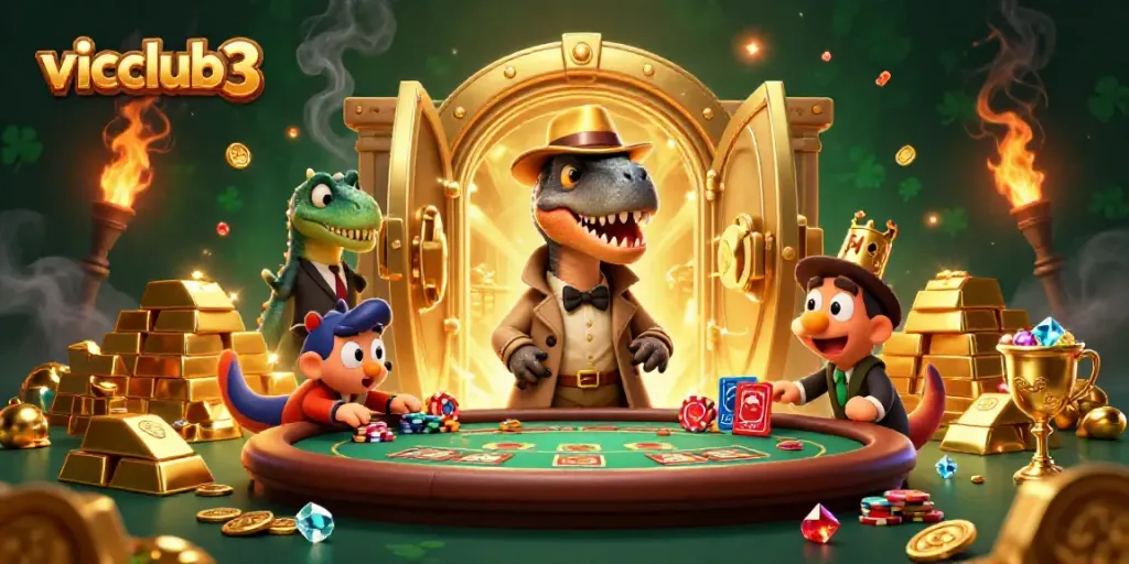 Engage in thrilling blackjack action with vicclub3 as a velociraptor card counter and characters.