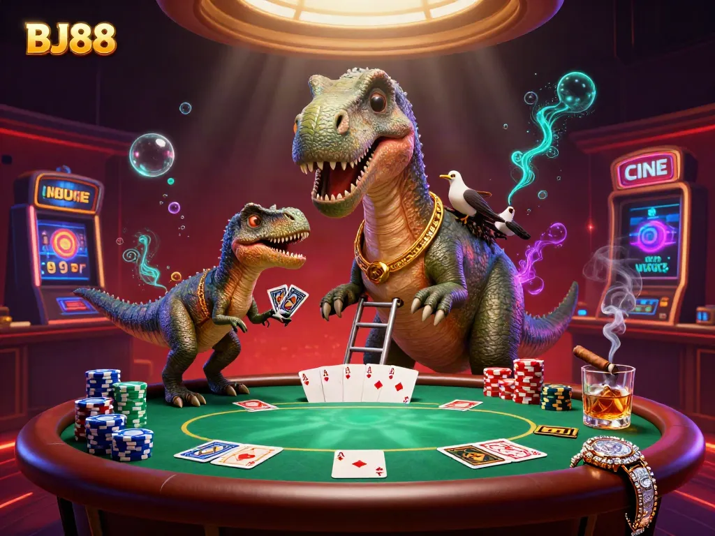 Engage in thrilling poker adventures at BJ88 with a dynamic 3D casino scene featuring a brontosaurus dealer.