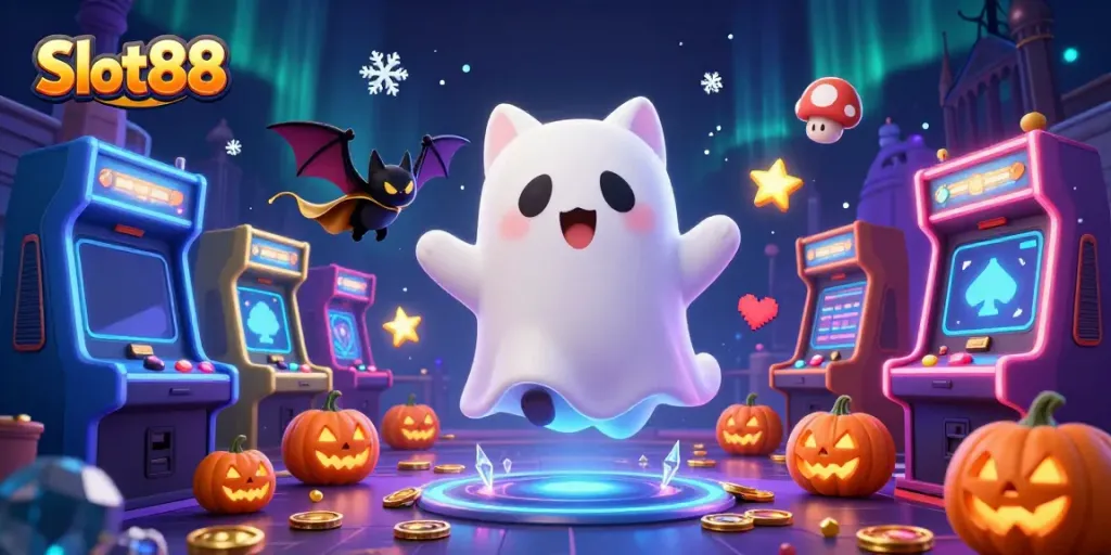 Spin the reels with Slot88 featuring a ghost cat and glowing jack-o-lanterns in a haunted casino.