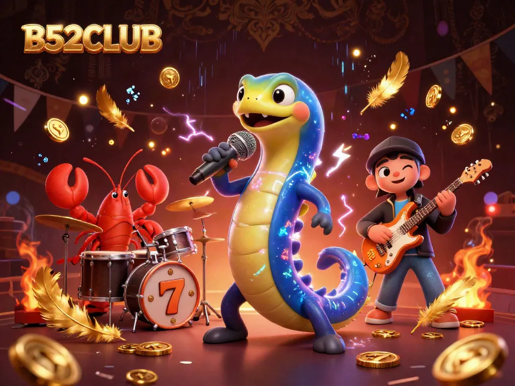 B52CLUB electric eel DJ performs in a vibrant underwater casino with gold coins and slot reels.