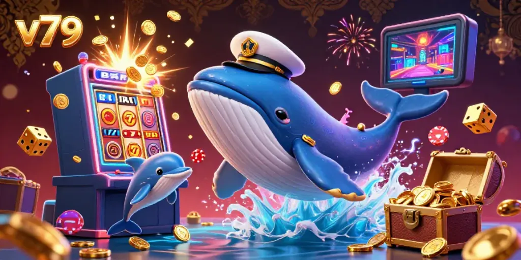 Experience the vibrant casino excitement of v79 with a 3D whale, narwhal, and dolphins amidst coins and games.