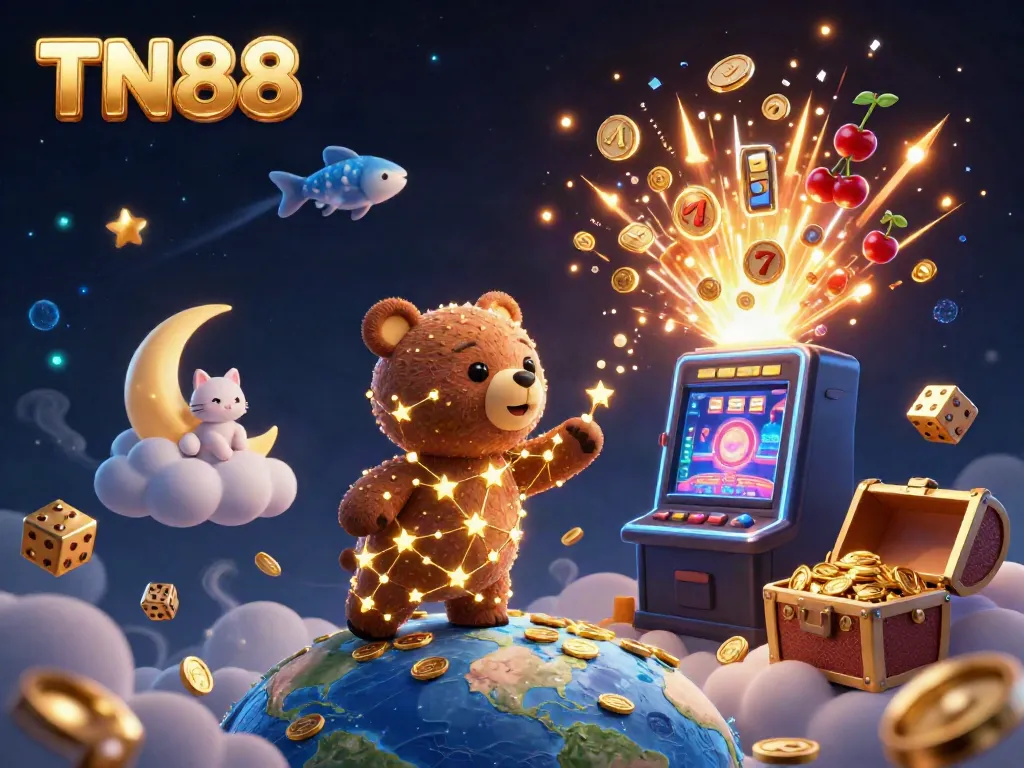 Experience the thrill of TN88 gaming with a whimsical cosmic scene featuring a golden bear and casino elements.