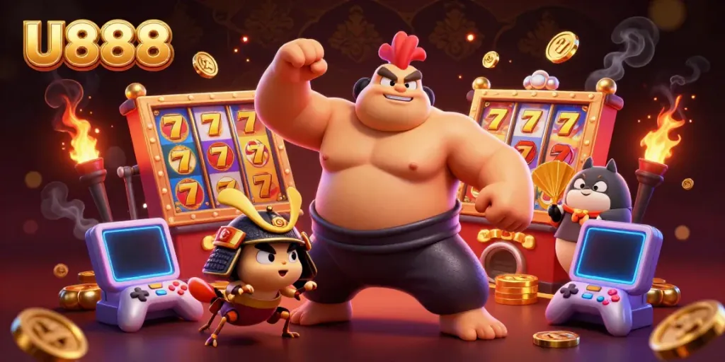 Engage in thrilling U888 action with dynamic characters in a vibrant casino atmosphere.
