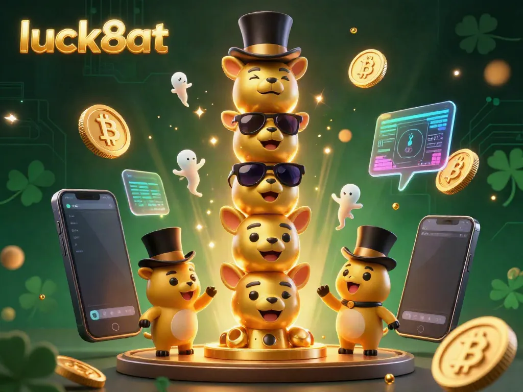 Engage with luck8at's thrilling casino atmosphere featuring a cartoon totem, crypto elements, and dynamic game visuals.