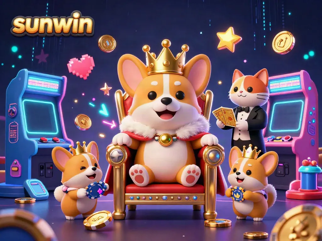 Engage with sunwin gaming through a vibrant 3D illustration showcasing a royal corgi in a casino setting.