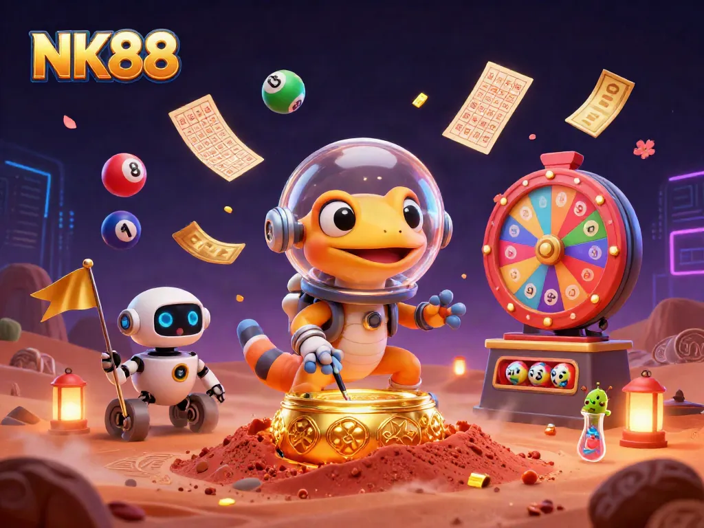 Experience thrilling wins at NK88 with vibrant lottery balls and a vivid golden casino backdrop.