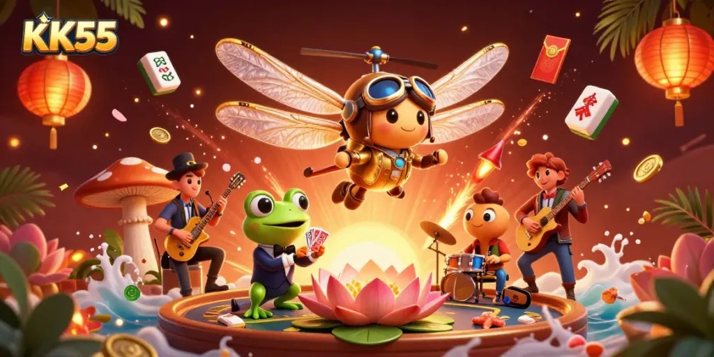 Engage in thrilling gameplay at KK55, showcasing a vibrant casino scene with colorful characters.