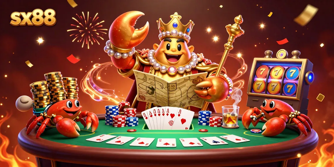 Sx88 offers a vibrant online casino experience with golden crab emperor at a poker table, replete with gaming elements.