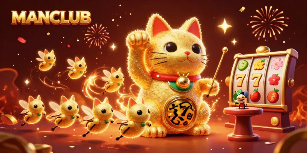 Engage with MANCLUB's vibrant casino spirit through this lively illustration of a lucky cat.