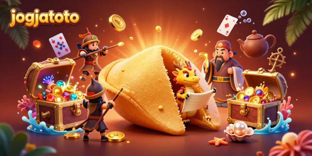 Experience winning fun with jogjatoto in a vibrant 3D casino scene with dragon characters and treasure.