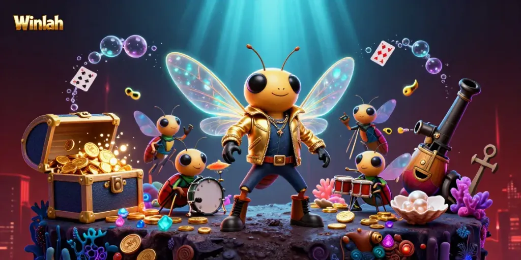 Winlah's vibrant casino world featuring a rock star cicada and treasure bursting with gems.