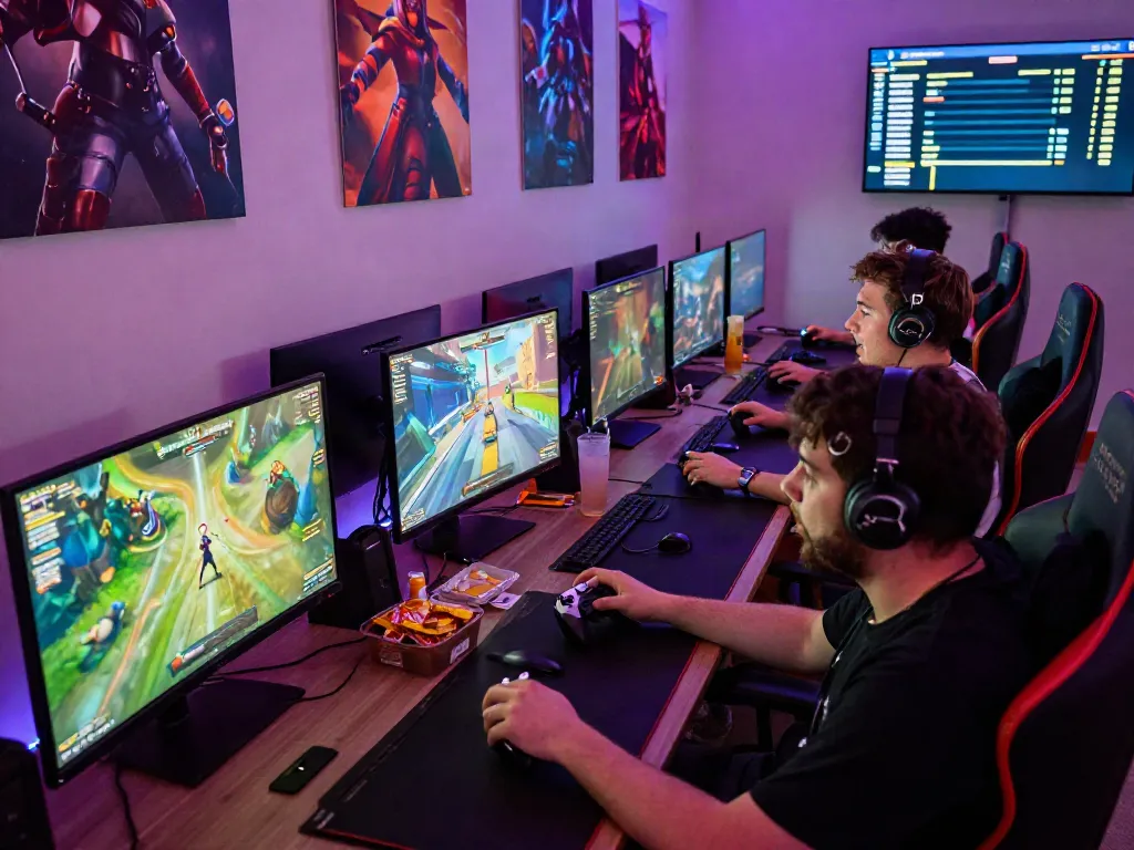 Gamers engaged with Garuda404 platform, vibrant lighting and snacks enhance the atmosphere.