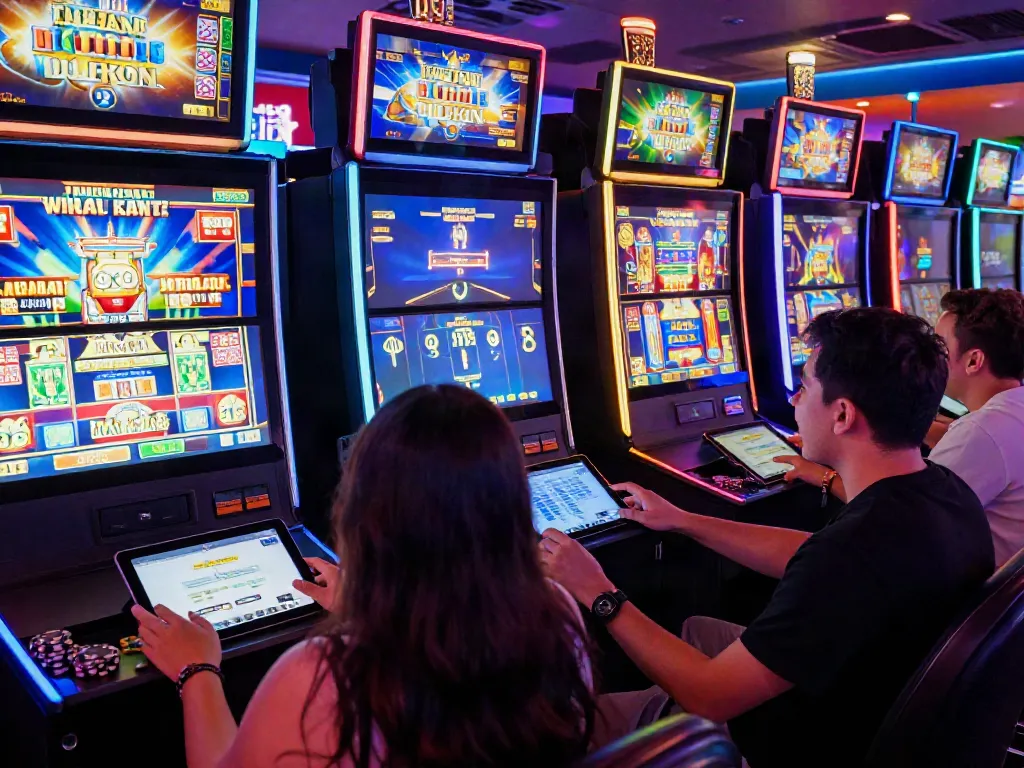 Players enjoying slot Thailand games in a vibrant gaming lounge, showcasing excitement and engagement.