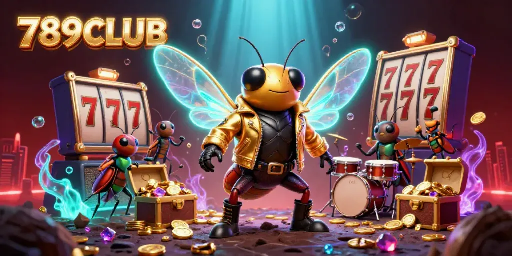 Spin and win with 789CLUB's vibrant casino scene featuring animated characters and treasures.